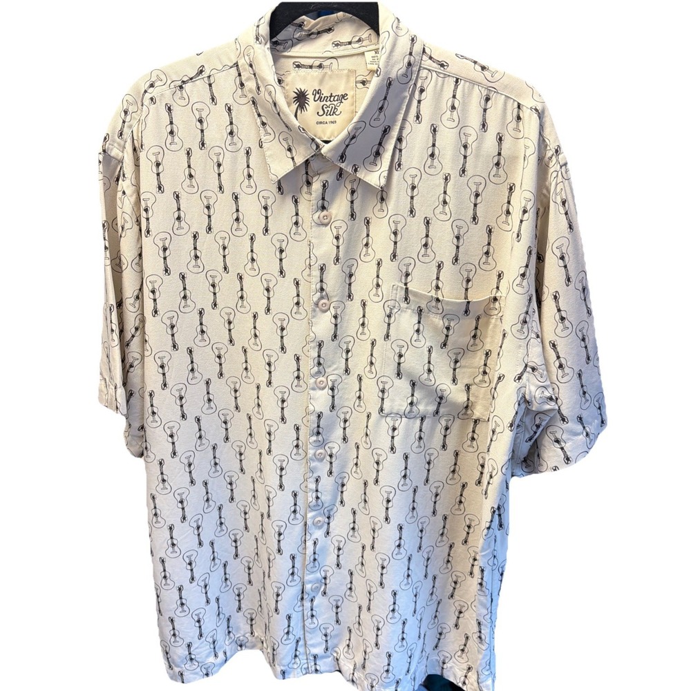 Vintage Silk‎ Circa 1969 Men's Silk Shirt Guitar Print Button Front XL 100% Silk